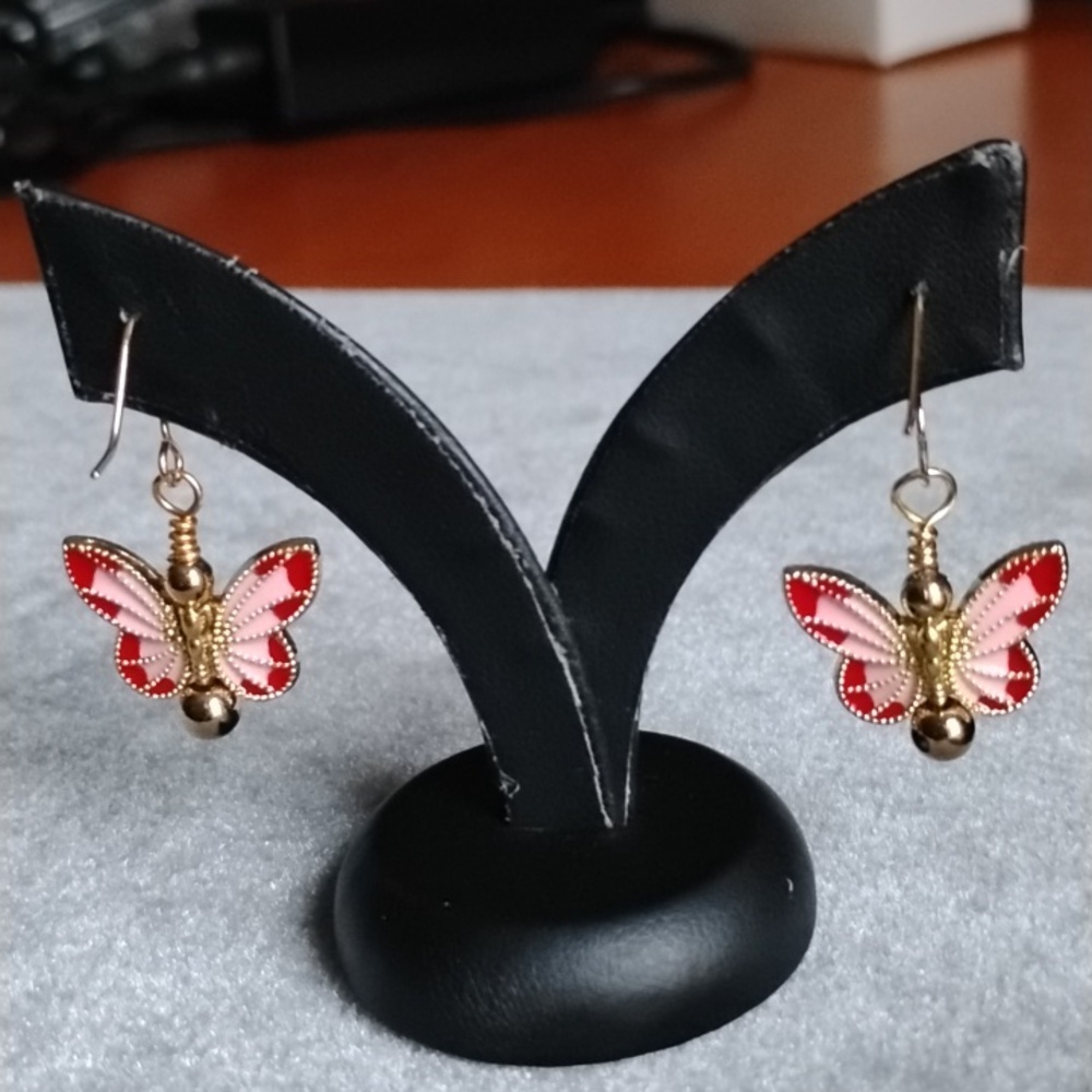 Hand Crafted Red And Pink Gold Butterfly Earrings - Picture 4 of 5